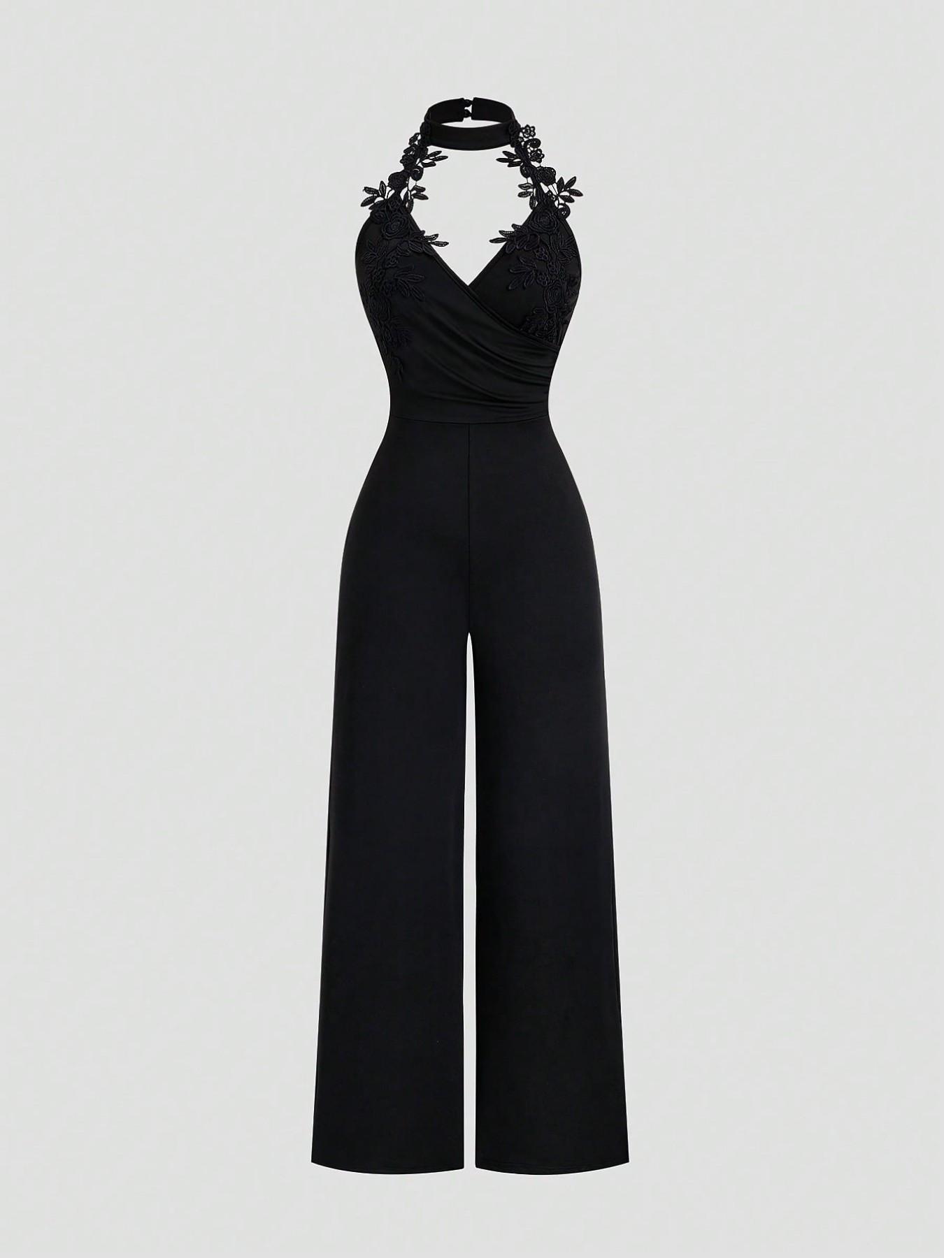 Floral Lace Halter Deep V Cross Back High Waist Bodycon Pants, Sexy & Elegant Design for Dates & Parties, Perfect Fit for Special Occasions