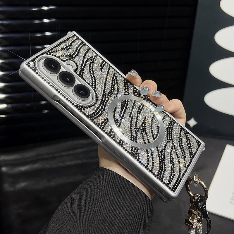 Compatible with Z Fold7/Z Fold6/Z Fold5/Z Fold4/Z Fold3 | Rhinestone Magnetic Lanyard Full Wrap Shockproof Large Fold Phone Case HNZ0483