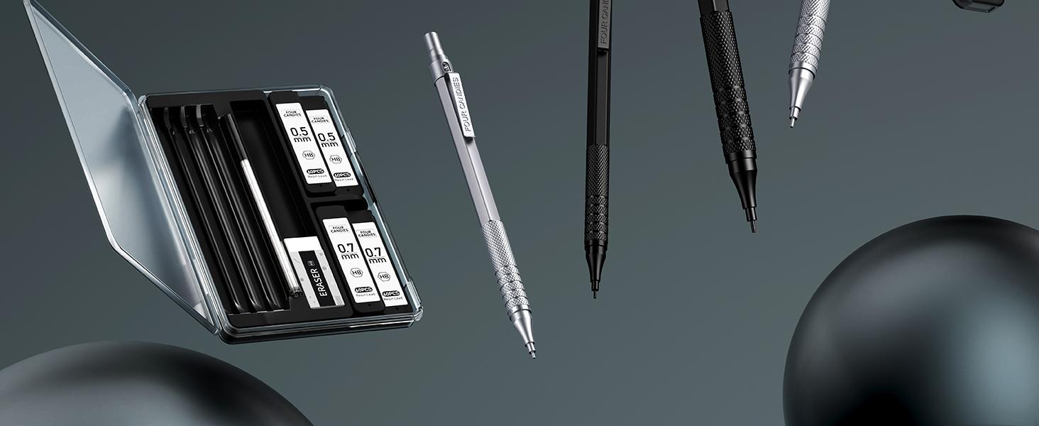 Weighted Pencil !!!Four Candies  Metal Mechanical Pencils Set with Case, For Writing Drafting, Drawing, Sketching, 0.5mm & 0.7 mm Artist Pencil with 8 Tubes  HB Lead Refills, 3 Erasers,9 Eraser Refills, Suitable for School and Office art Creation.
