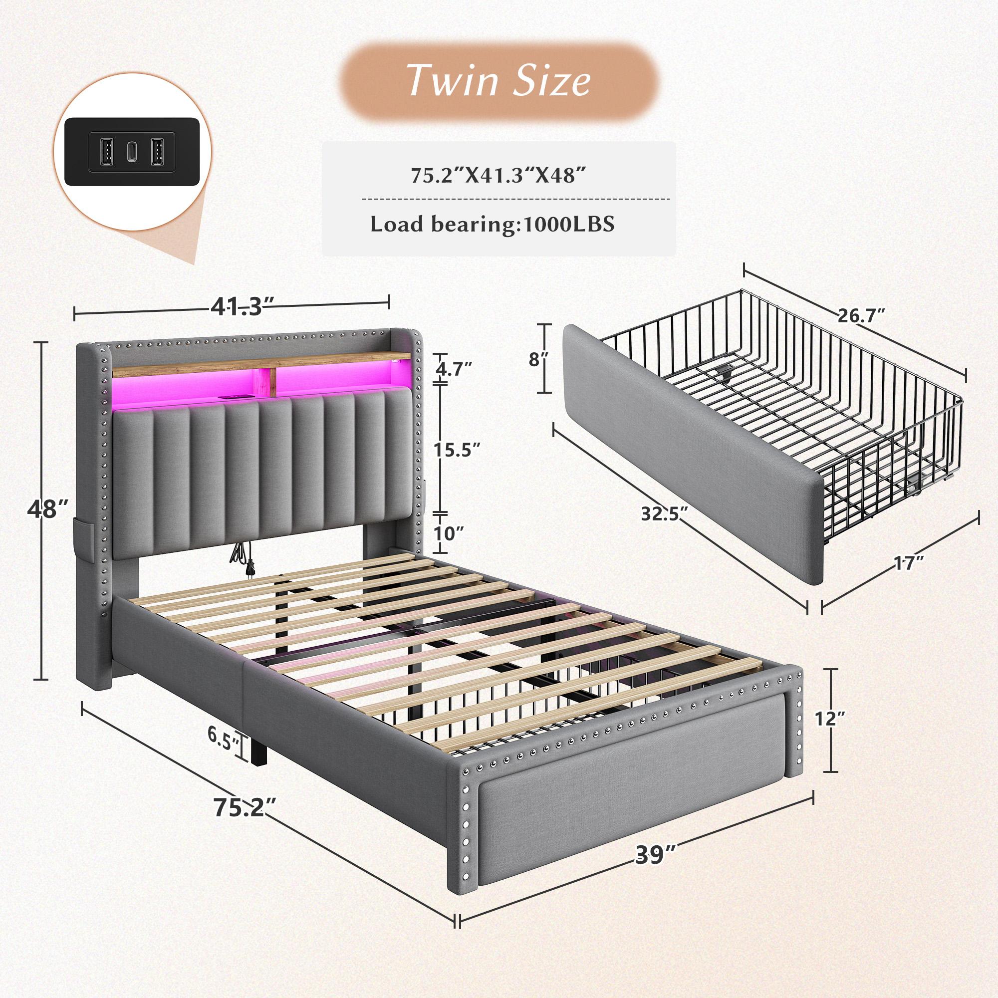 Luxury King/Queen/Full Bed Frame with Storage Shelf & 2 Drawers,NO MATTRESS, Upholstered Bed Frame with LED &Power Outlet, Holds 1000lbs, No Noise, Metal Frame & Wood Slats