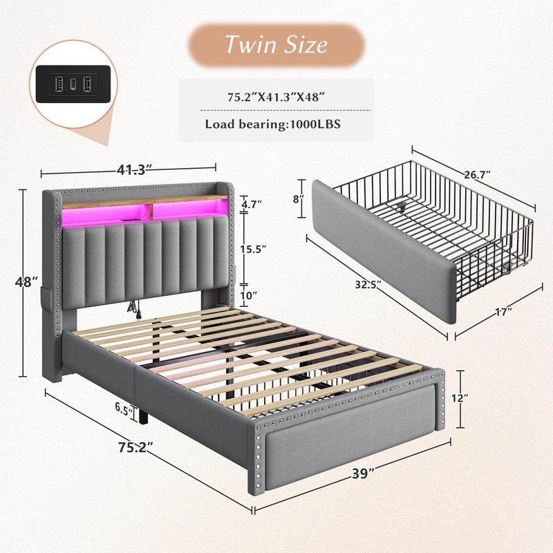 Luxury King/Queen/Full Bed Frame with Storage Shelf & 2 Drawers,NO MATTRESS, Upholstered Bed Frame with LED &Power Outlet, Holds 1000lbs, No Noise, Metal Frame & Wood Slats