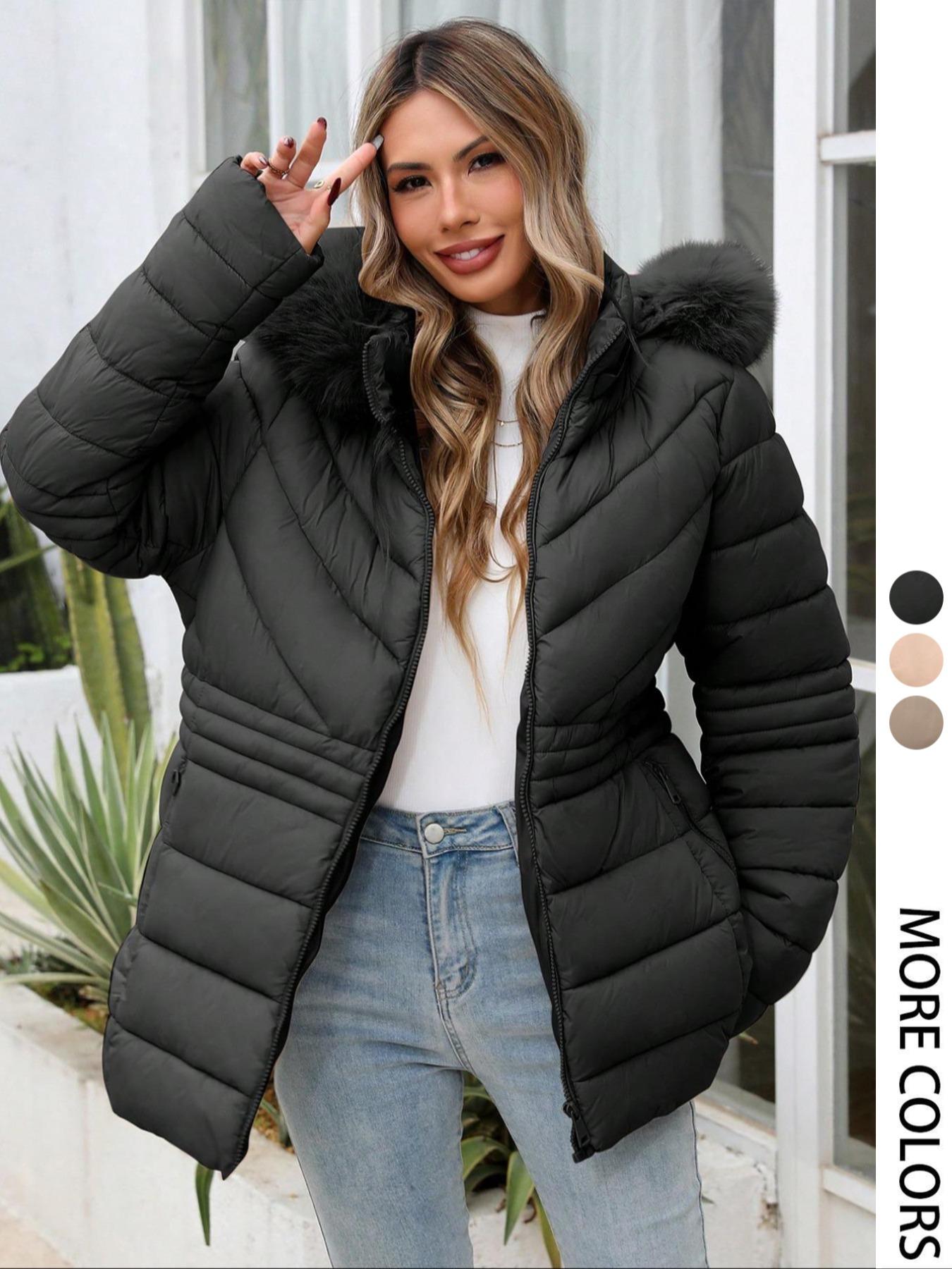 Women's Plus Size Winter Comfortable Cotton Jacket, Commuter Simple Fall & Winter Mid-Length Hooded Warm Coat, Long Sleeve Fitted Style Outerwear