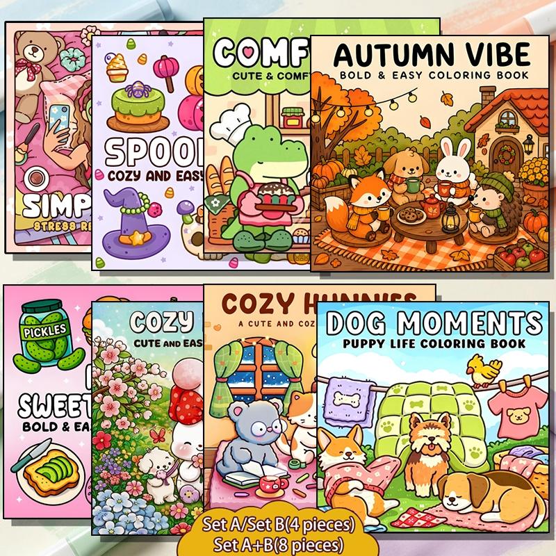 Cartoon Pattern Coloring Book, Coloring Gift Book, 4/8 Counts/set Stress Relief Fun Coloring Book, Kill Time Graffiti Painting Drawing Art Book, Art Supplies for Adults & Teens,Back-to-school and holiday gifts