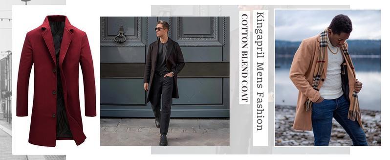 Kingapril Men's Wool Blend Pea Coat Notched Collar Single Breasted Overcoat Warm Winter Trench Coat Windproof Casual Jacket Plain Menswear Long Sleeve