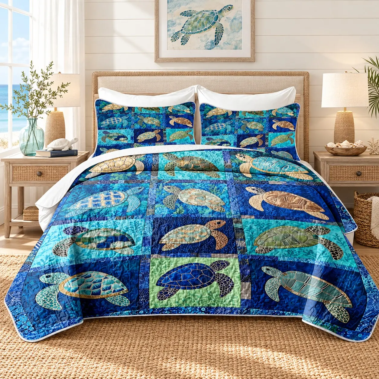 3PCS Christmas Ocean Turtle Patchwork Bed Cover Set, 2D Flat Digital Print, Quilted Bed Cover+Pillowcase, Includes 1 Bed Cover+2 Pillowcases, Modern Minimalist Bedding Bedroom Decoration, Size King, Queen, Double Twin Bed Cover