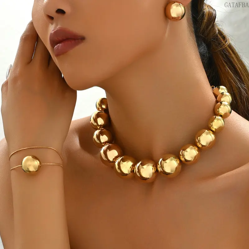 Commuter Jewelry Set, Geometric Necklace, Bracelet and Earrings, Minimalist Luxury Round Ball Design