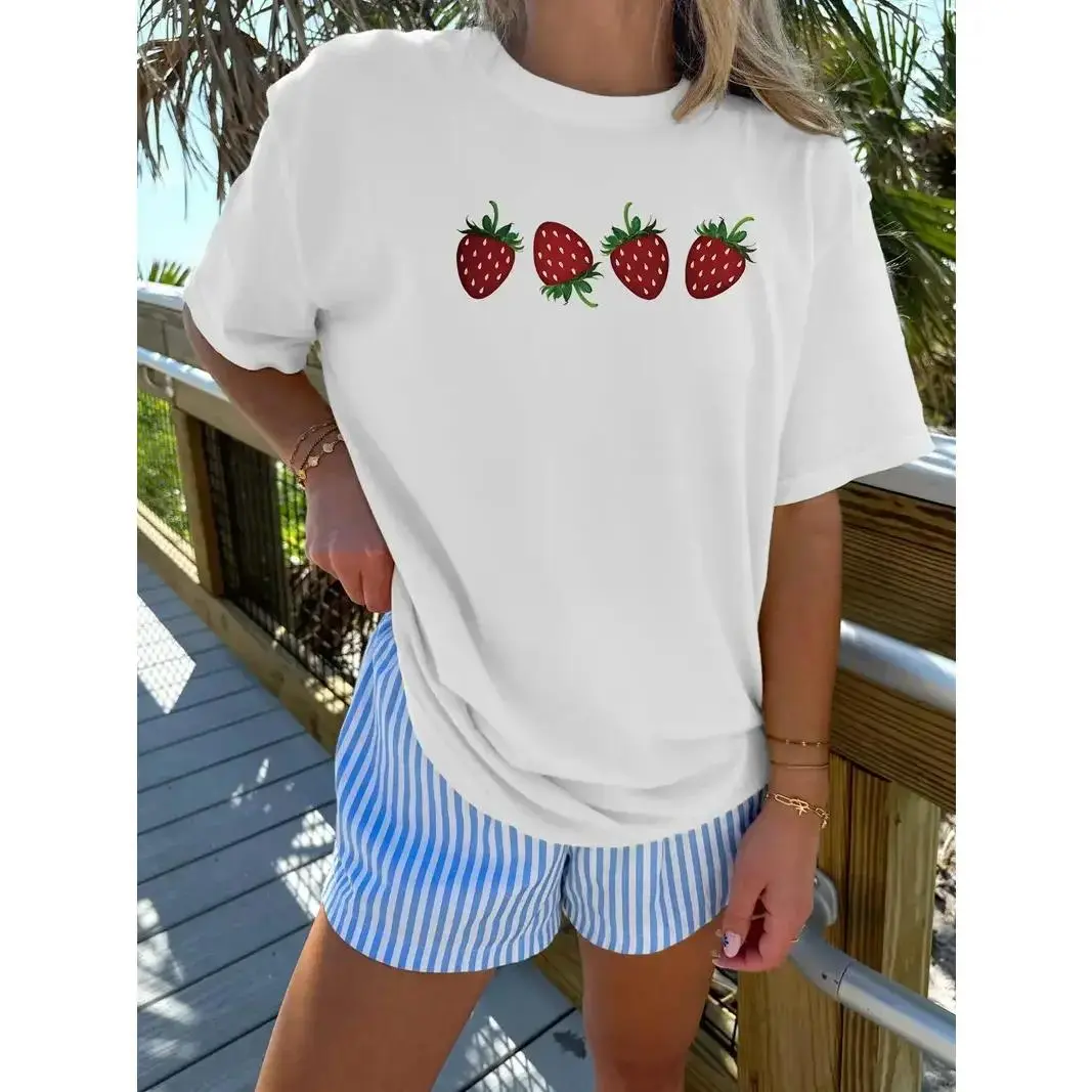 Women's Strawberry & Letter Print Round Neck Graphic Tee, Vintage Trendy Casual Drop Shoulder Short Sleeve T-shirt for Daily Wear, Ladies All Seasons Outfit