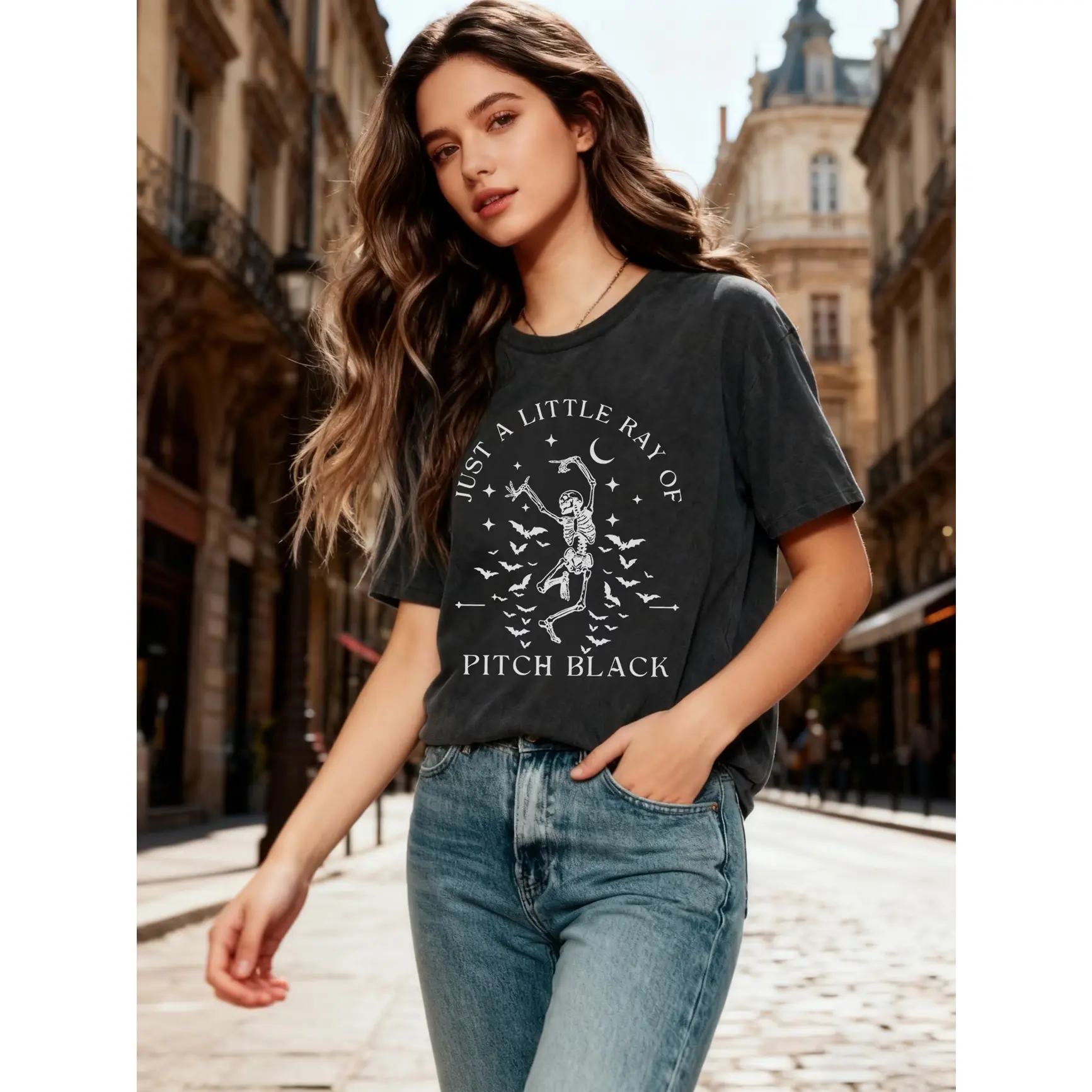 Skeleton Bat Moon Graphic Oversized Comfort Cotton T-Shirt, Just A Little Ray Of Pitch Black Spooky Fashion Outfit, Perfect Halloween Gift For Her Him, Ideal Present For Friends Family Lovers Valentine Gift