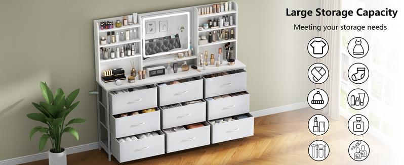 White Vanity Desk with Lighted Mirror, Makeup Vanity Table with 9 Fabric Drawers, 8 Storage Shelves & 3 Lighting Modes, Dressing Table with Mirror and Light for Girls, Women