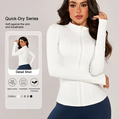 Women's Stand Collar Zip Front Jacket, Thumb Hole Design, Comfortable Sweat Wicking Breathable Training Long Sleeve Lightweight Sports Jacket for Gym & Outdoor Cycling, Athletic Jackets, Sports Outerwear, Sporty Breathable Outerwear
