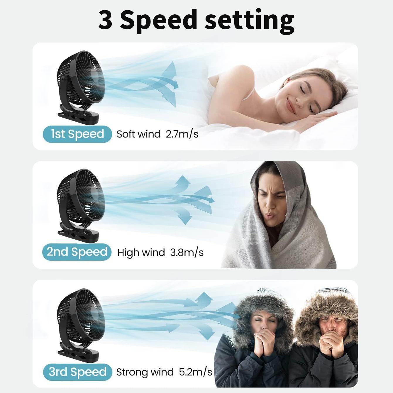 Portable USB Rechargeable Clip-on Fan Desktop Fan, Portable Fan  Personal Stroller Sleeping Fan 720°Angle Adjustable,Suitable for Office, Outdoor Travel, Camping, Gym
