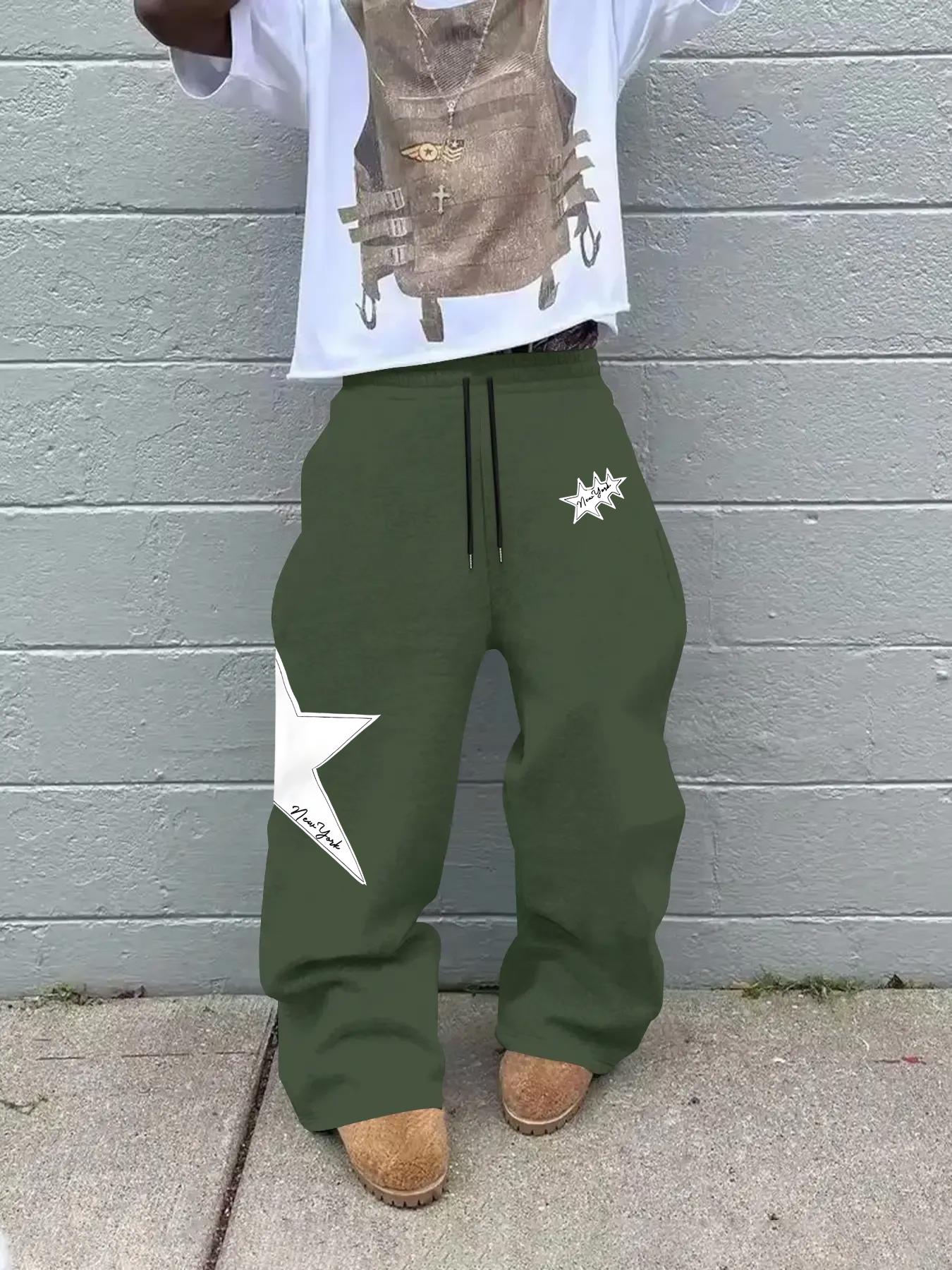 Men's Fashion Casual Straight Leg Pants, Star Print Drawstring Waist Sweatpants, Casual Streetwear Trousers, Summer Fitted Street Style, Perfect for Daily Wear