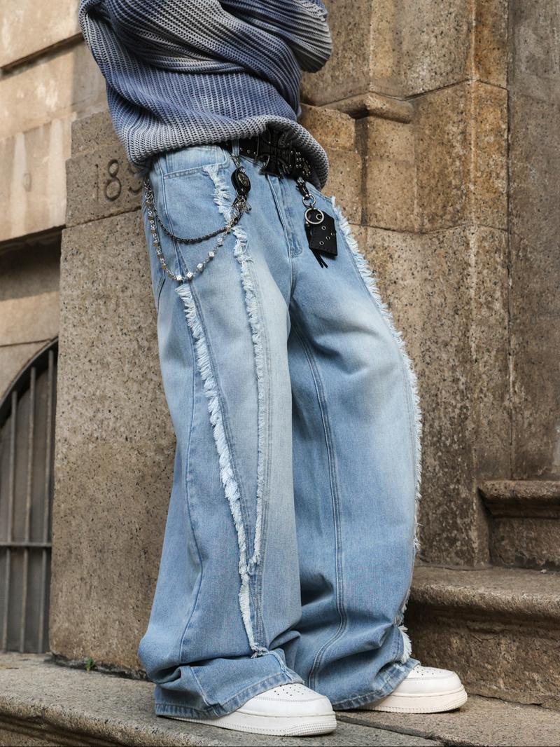 Men's American Casual Light Wash Blue Loose Straight Jeans, Y2K Street Style, Drop Crotch Design, All Seasons, Zipper Fly, Loose Fit