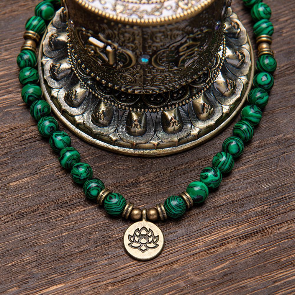 Genuine Stone 8mm Green Malachite 108 Mala Beads Money Attraction Bracelet - Unisex Long Beads Wrap Bracelet with Lotus Buddha Charm - Daily Wear Yoga Meditation Jewelry Ideal Gift