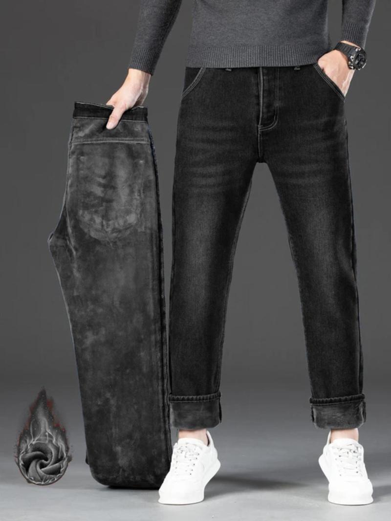 Men's Fleece Lined Denim Jeans, Loose Straight Leg Long Pants, Warm Cotton Elastic Autumn Winter Fashion, Versatile Casual Wear, Denim Clothing