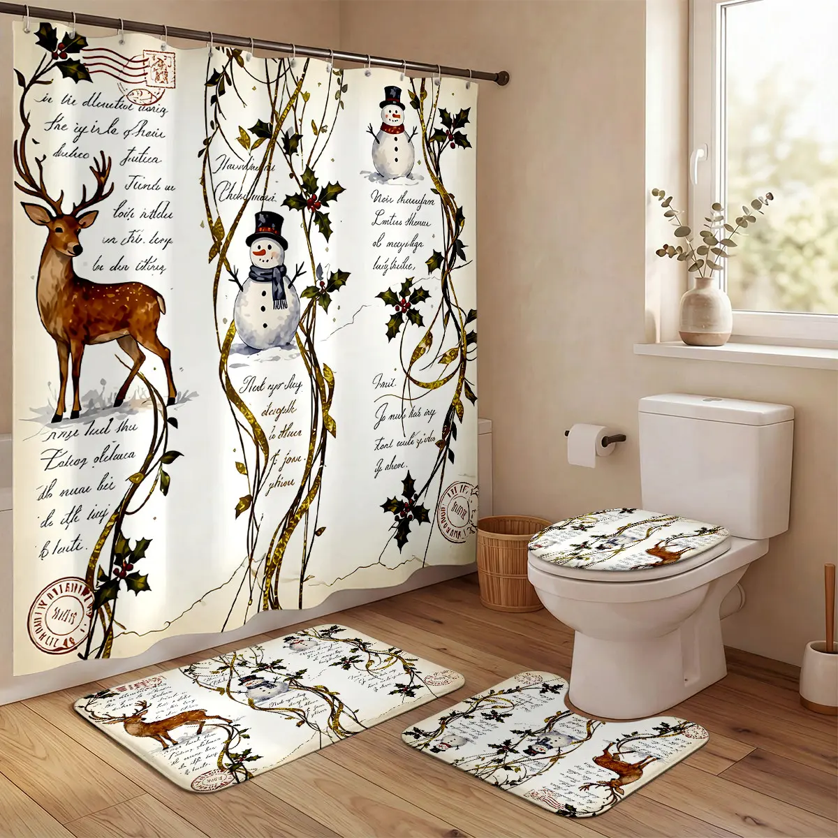 Vintage Winter Shower Curtain Set – Rustic Deer, Snowman & Holly Vines on Aged Postcard Background, Classic Christmas Bathroom Decor for Holiday Season & Festive Gathering Vibes