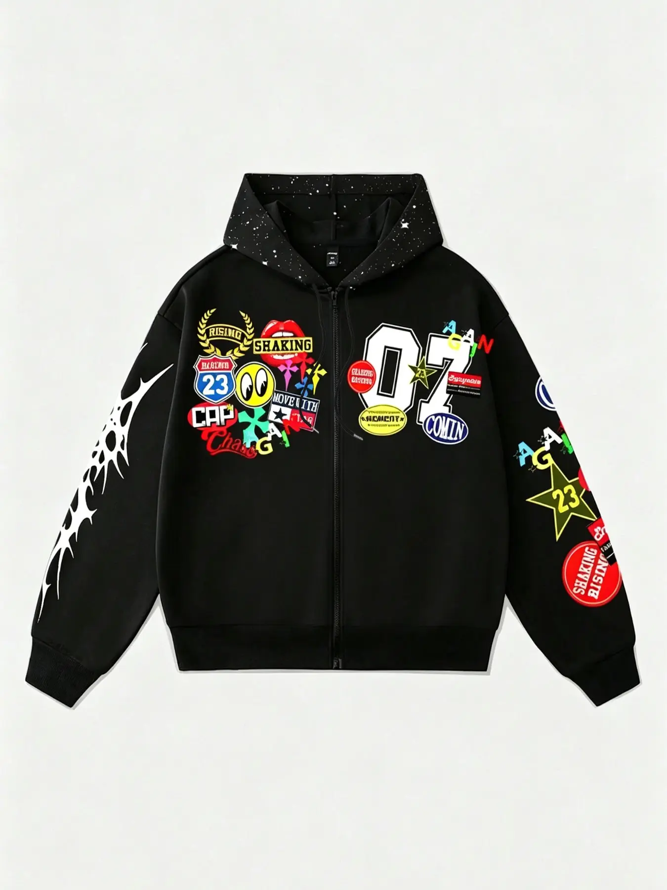 Women's Oversized Racing Badge Sticker Print Star Splash Hoodie | Thorn Graffiti Sleeve Zip Up Streetwear Jacket | Hooded Casual Outerwear for Women