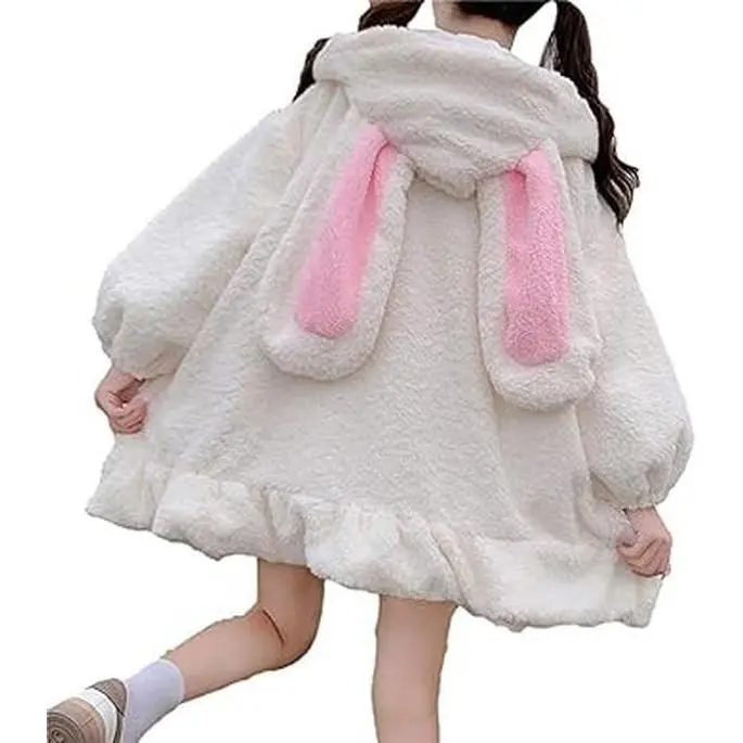Women Kawaii Fluffy Cute Bunny Ear Hoodie Plush Thickened Cropped Rabbit Sweatshirt Tops Coats
