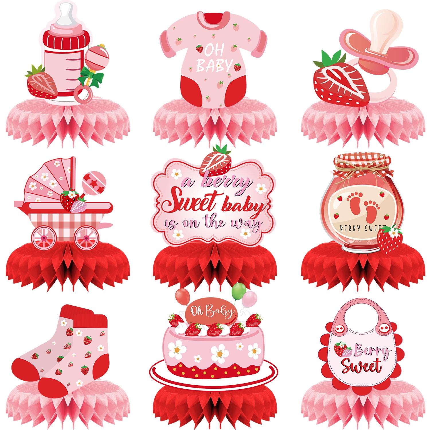 9Pcs Strawberry Baby Shower Decorations, Berry Sweet Baby Shower Honeycomb Centerpieces, Sweet One First Birthday Party Table Decor for Girls, Pink and Red Berry Themed Party Supplies