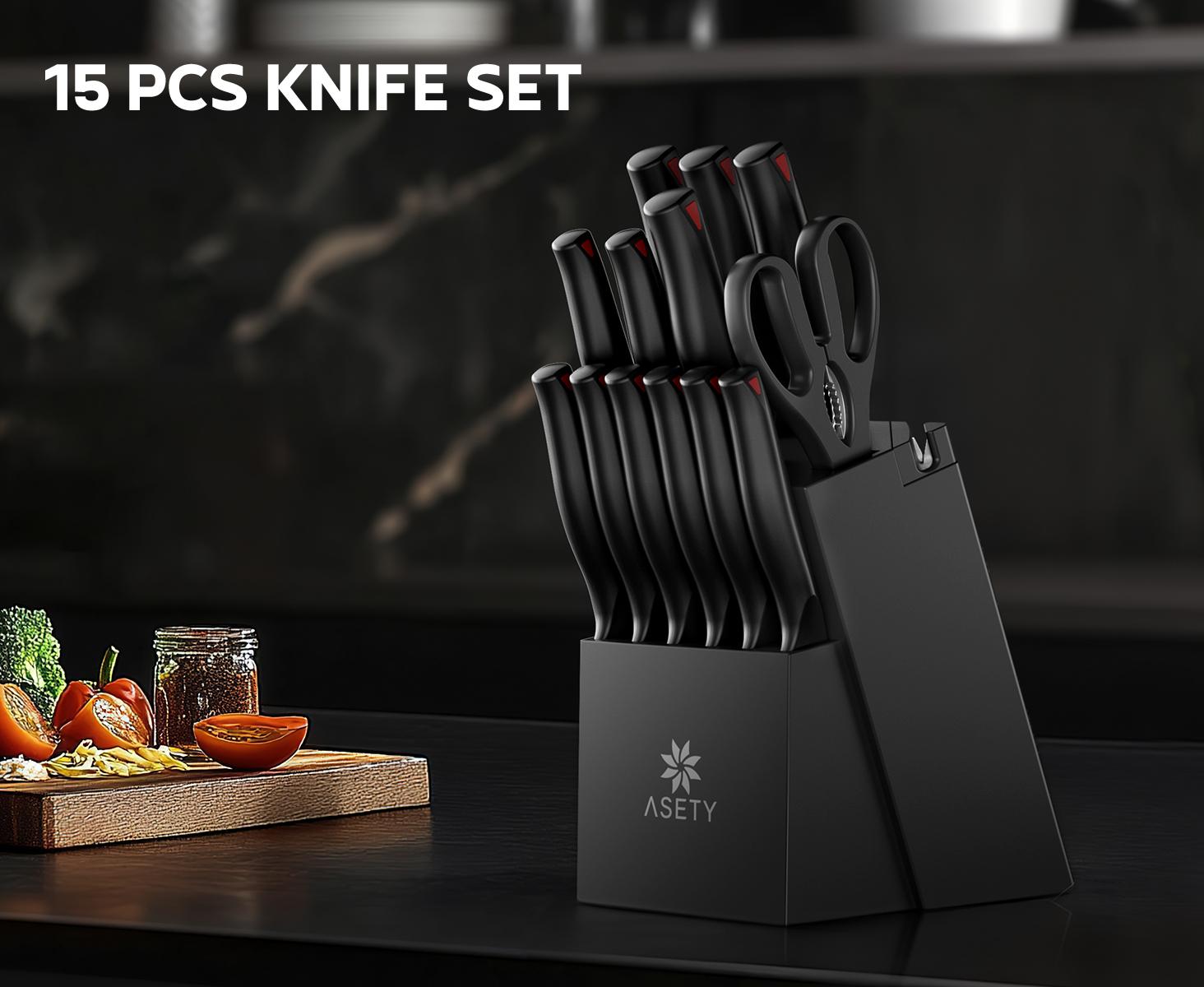 15 PCS Knife Set with Block with Sharpener, High Carbon Stainless Steel for professional kitchen knives Sharp Set NSF Food Safe Dishwasher Safe Steak meat boning knives box gifts for men Knife Block Birthday