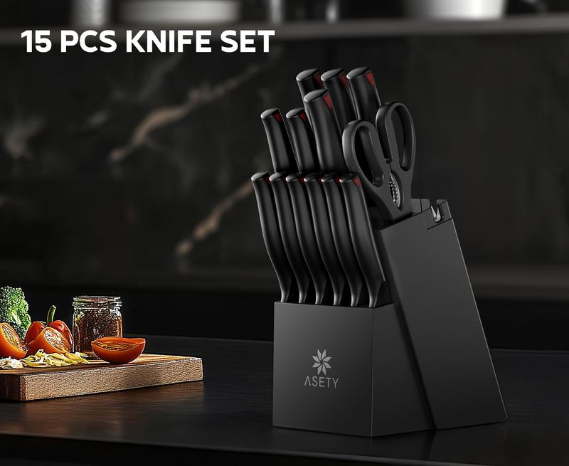 15 PCS Knife Set with Block with Sharpener, High Carbon Stainless Steel for professional kitchen knives Sharp Set NSF Food Safe Dishwasher Safe Steak meat boning knives box gifts for men Knife Block Birthday