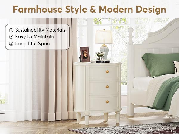 LITTLE TREE Nightstand with 3 Drawers, Oval Bed Side Table for Bedroom, Fully Assembled, Farmhouse Night Stand with Storage, Wooden Side End Table with Solid Wood Legs for Living Room