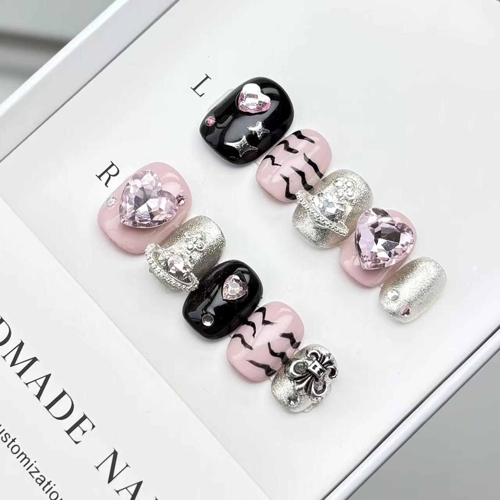 Luxury Nail Freedom! Black Pink Edgy Exquisite Hand-Painted Heart Diamond Press On Fake Nails, Get Baddie Nails In 5 Mins, No Salon Needed