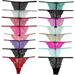 Women's 6-Pack Lace G-String Thongs - Lightweight Low Waist Soft Nylon No Show Panties with Assorted Colors & Patterns, Hand Wash Only