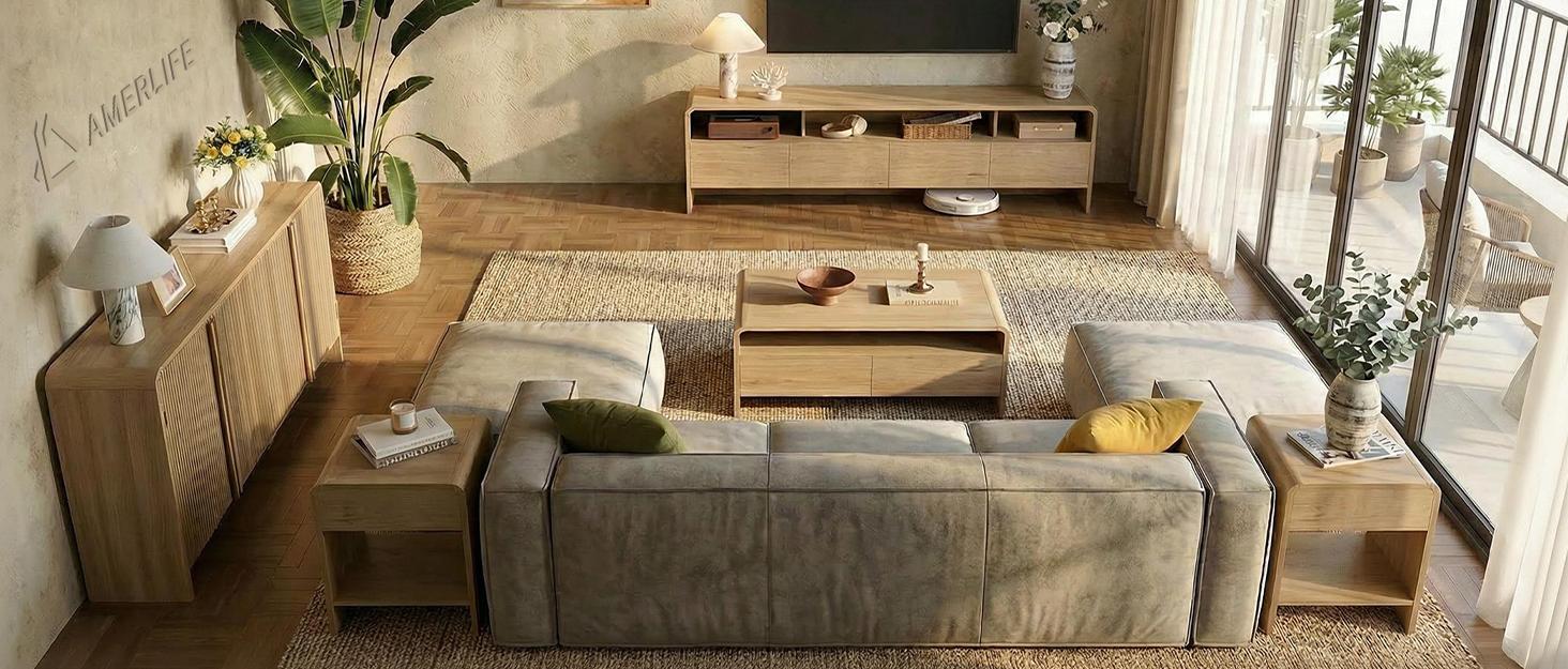 AMERLIFE 5-Piece Farmhouse Table Set Include 63" TV Stand with 26" Fireplace, 40" Coffee Table, 2 End Tables with Charging Station & USB Ports, Living Room Table Sets with Barn Door, Rustic Oak&White