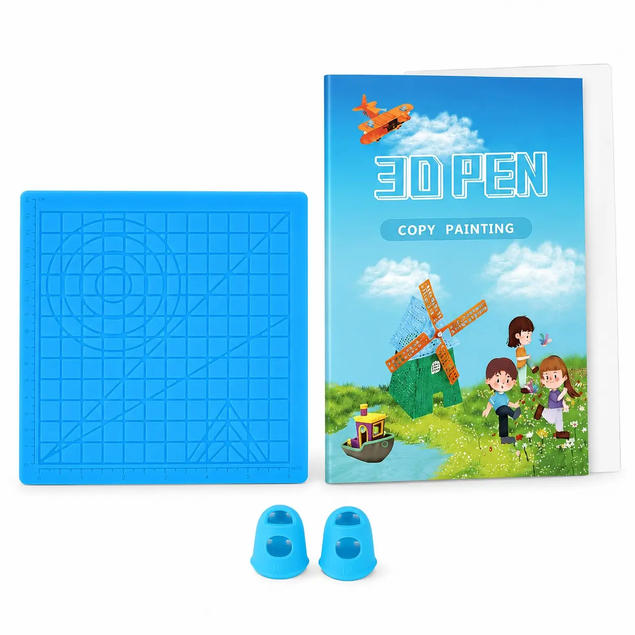 3D Pen Drawing Mat Kit with 40-Pattern Copy Painting Book, Reusable Silicone Design Board, Transparent Tracing Sheet and 2 Finger Guards for Kids