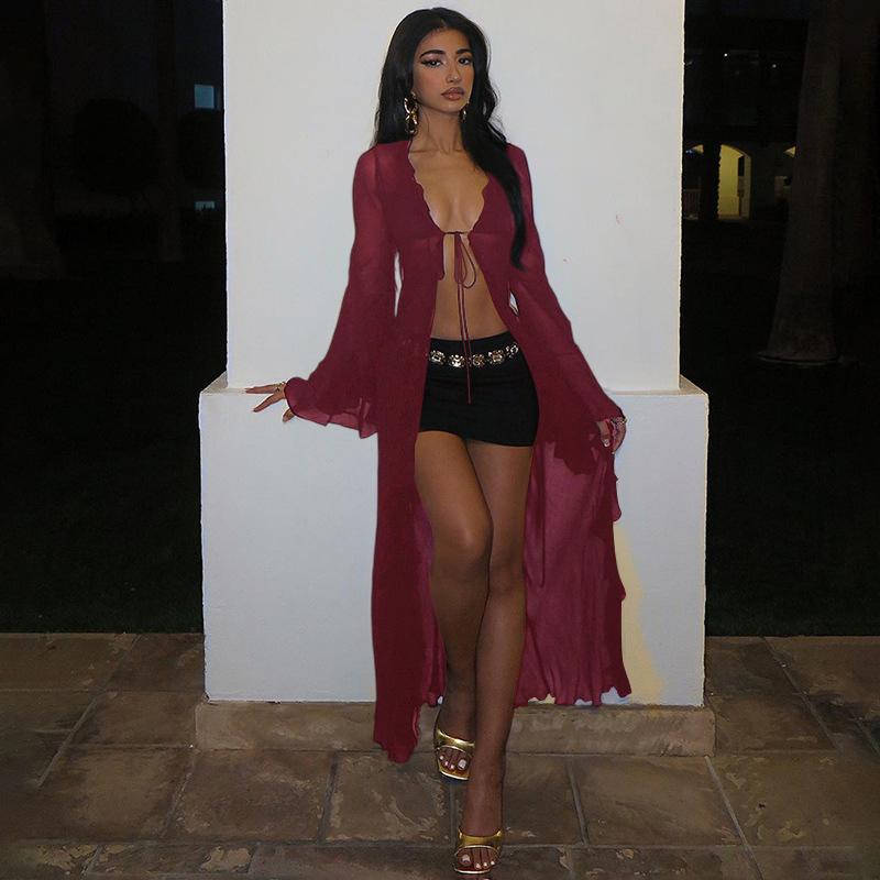 Women's Solid Sheer Ruffle Trim Tie Front Long Lightweight Mesh Cardigan Coat, Long Sleeve Open Front Outerwear for Spring & Fall, Ladies Clothes for Party Holiday