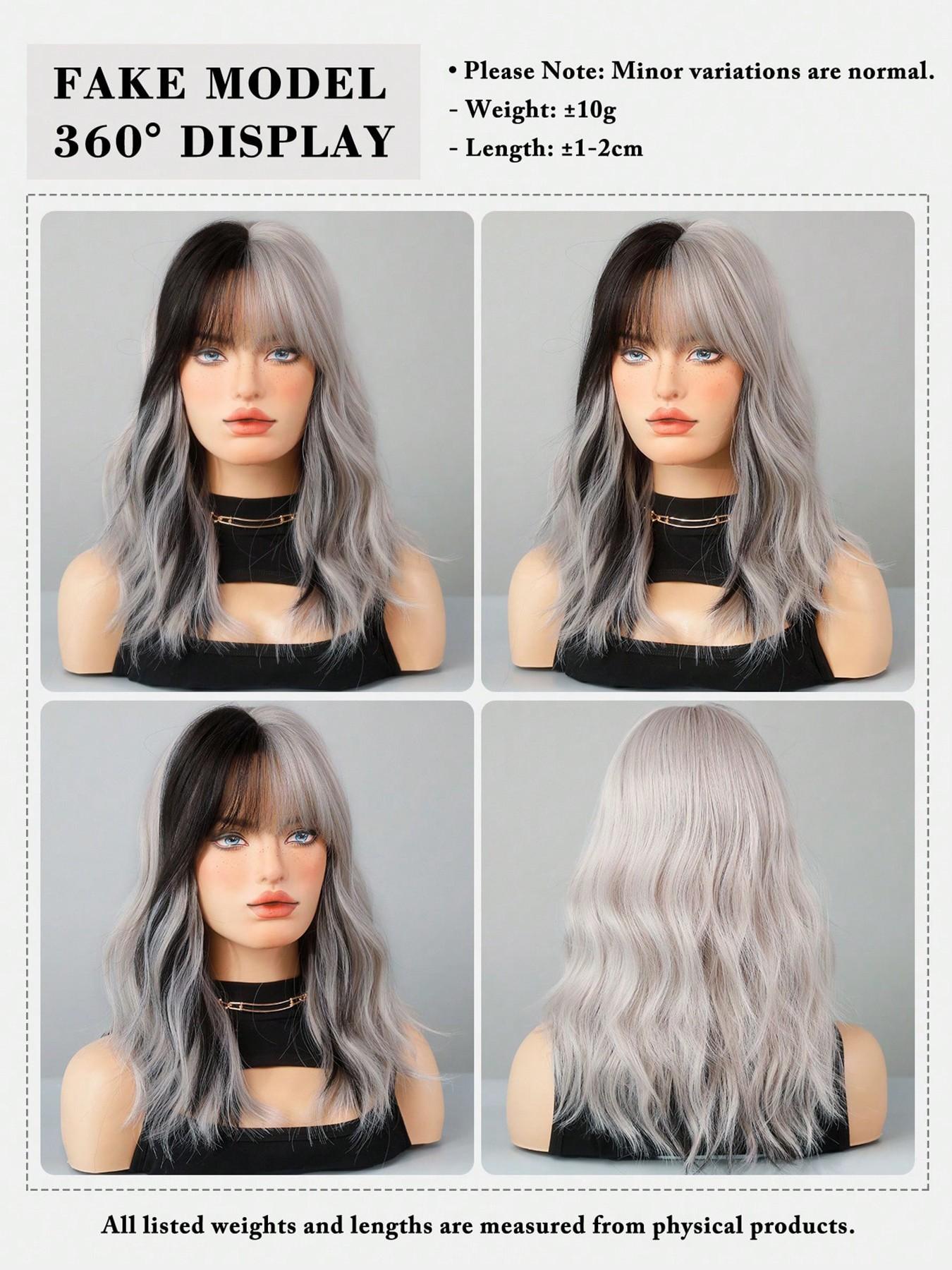 Two Tone Wig Silver Ash Pink Curly Wigs For Women 16 Inch Shoulder Length Wavy Wig With Bangs Synthetic Heat Resistant Fiber Beautiful Fluffy Wigs For Girls Daily Party Cosplay Use Beginner Birthday Gifts Synthetic Wavy Hairstyle ( Black Highlight Hair )