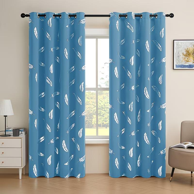 Two elegant feather-patterned decorative digital printed semi-transparent curtains made of polyester, suitable for living rooms and bedrooms, available in various pattern colors
