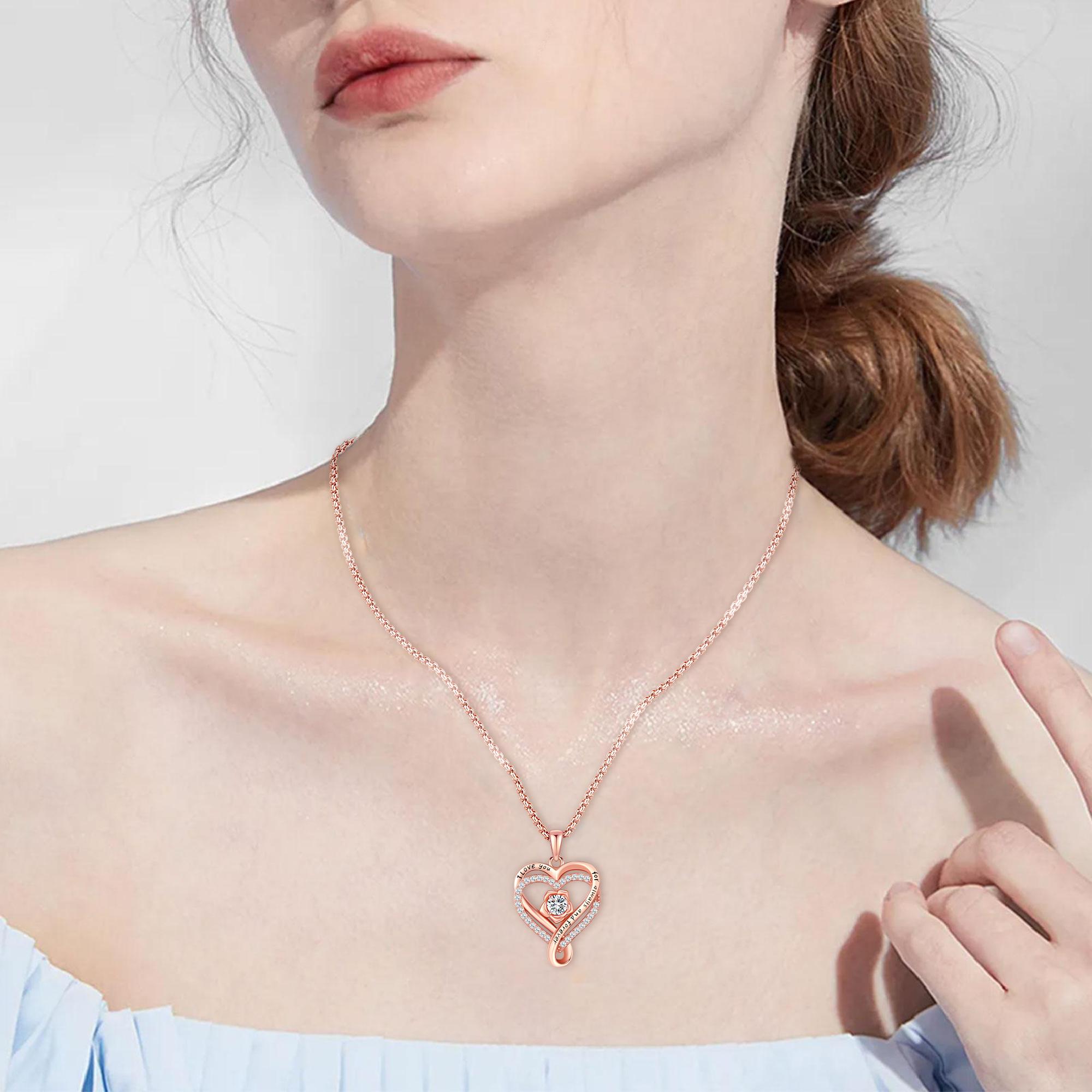 DRINSPER Elegant Birthstone Heart Necklace, Sparkly Rose Gold Heart Necklace, Trendy Necklace Fashion Matching Jewelry Accessories, Artificial Cubic Zirconia Decor, Cute Birthday Gift for Mom for Girlfriend for Women