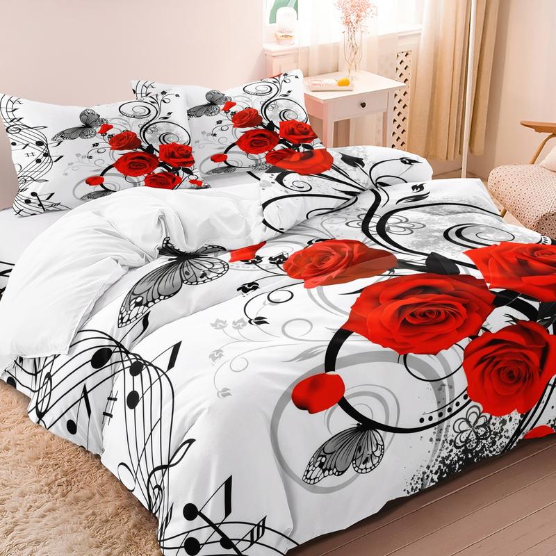 3 Counts/set Valentine's Day Love Letter Rose Pattern Duvet Cover Set including 1 Duvet Cover + 2 Pillowcases, Soft and Comfortable Decorative Bedding for Bedroom or Guest Room, Without Comforter