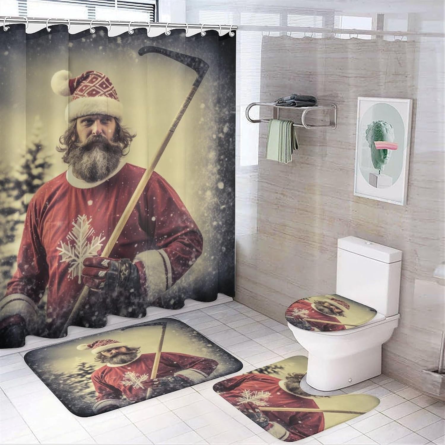 It's Just Chicken Time Shower Curtain 4 Piece Set Bathroom Shower Curtain Set with Rugs Rooster Chicken Holiday Durable and Waterproof for Bathroom Decor