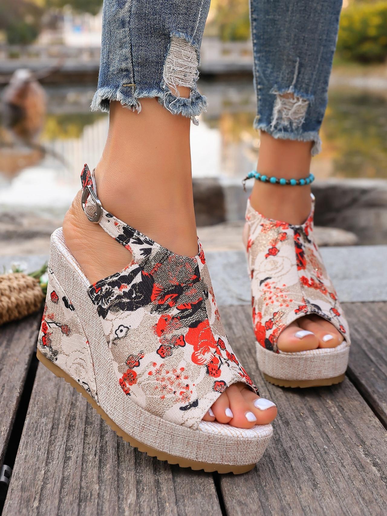 Women's Chinese Style Plum Blossom Printed Wedge Sandals, Summer Retro Platform Elevated Buckle Open-Toe Vacation Roman Shoes