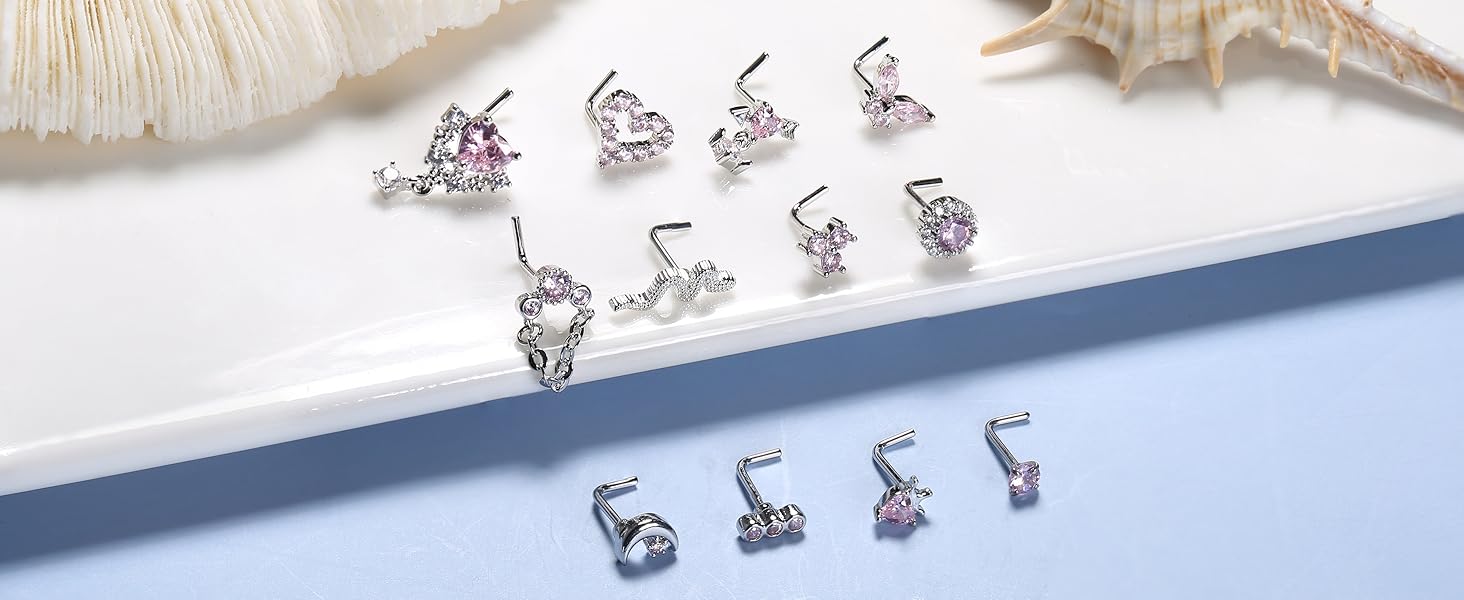 12pcs Nose Rings for Women, Dangle & Studs Set, Stainless Steel L-Shaped, Heart Snake Butterfly Cz, Elegant Nose Piercing Jewelry