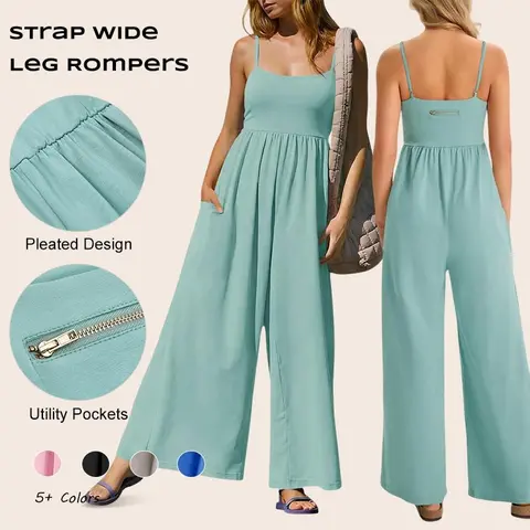 Imily Bela Womens Summer Jumpsuits One Piece Casual Loose Overalls Spaghetti Strap Wide Leg Rompers with Pockets Workout Outfits