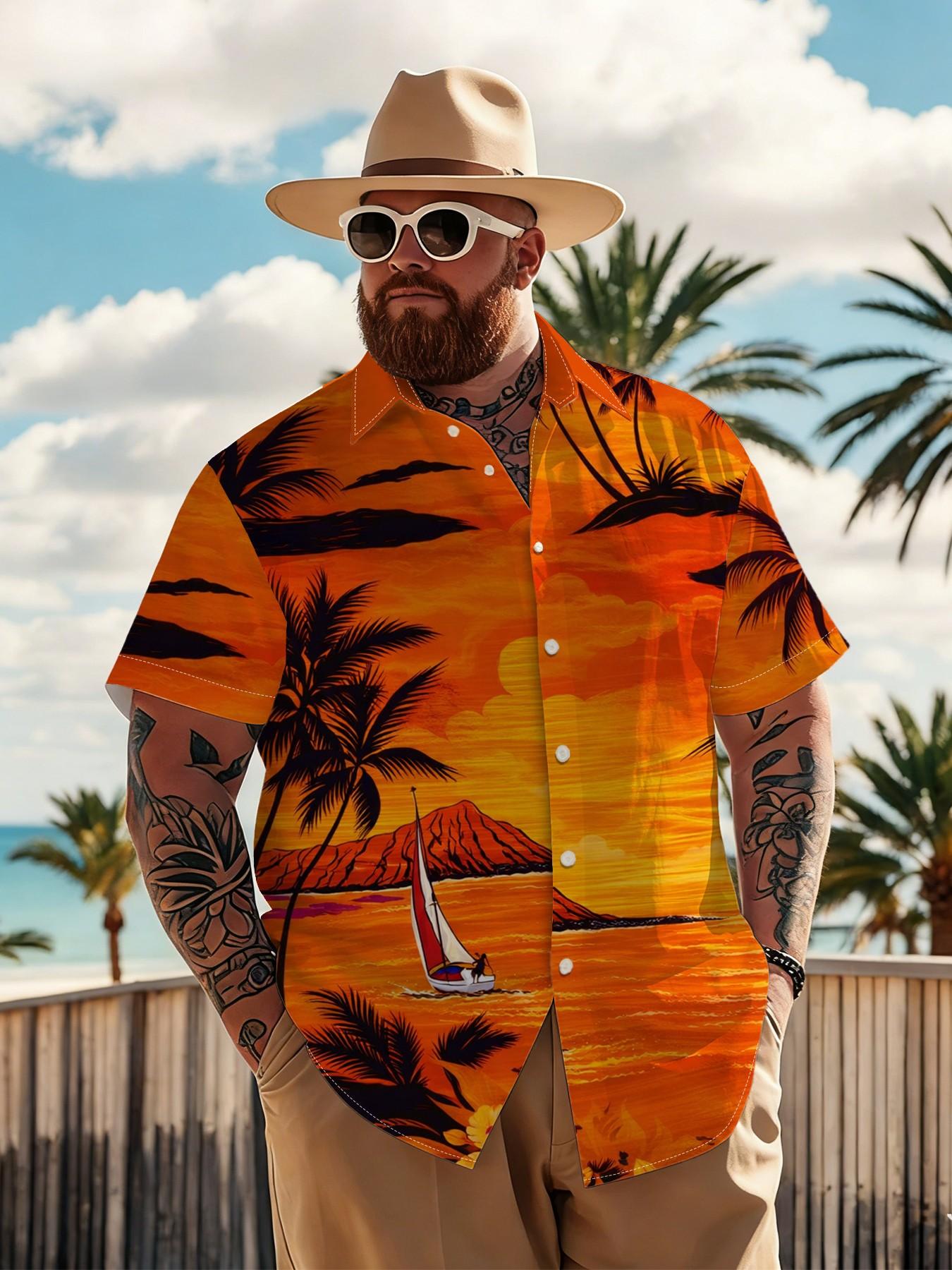 Large Size Men's Sunset Island Style Shirt, Summer Loose Fit Breathable Short Sleeve, Plus Size Beach Vacation Casual Top