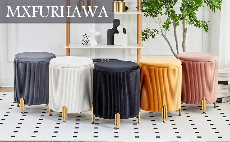 Round Ottoman Foot Stool with Storage and Metal Legs for Living Room Bedroom, Velvet Upholstered Footrest Stool Support 300lbs Modern Padded Seat Ottoman Coffee Table, Autumn, Winter, Warm