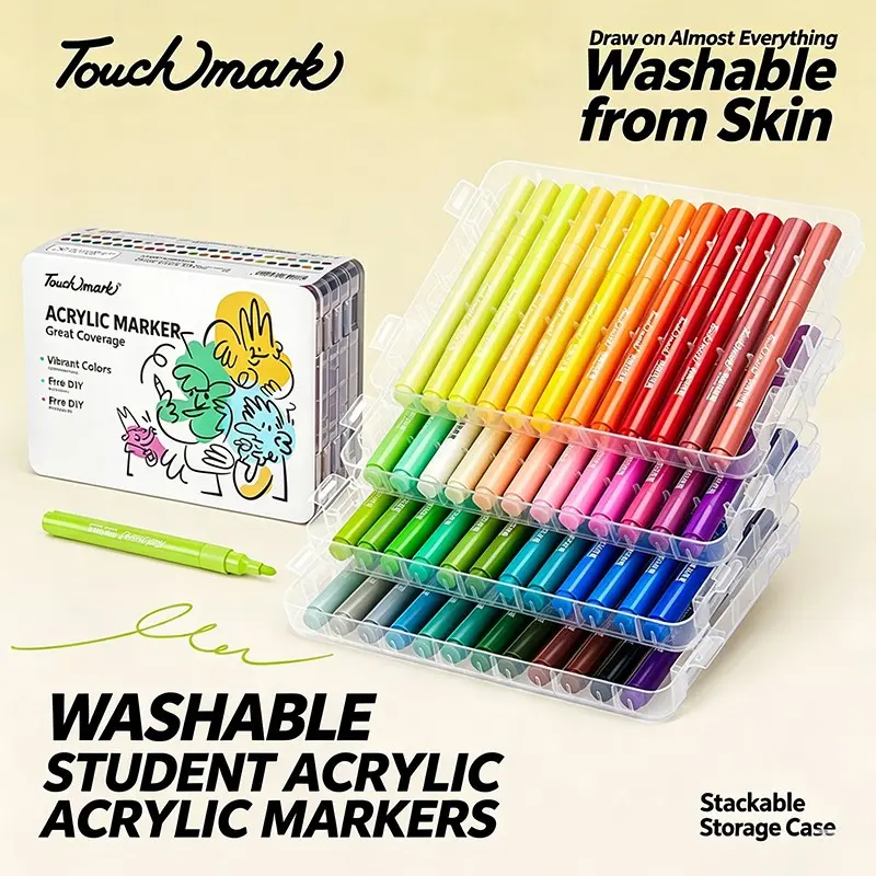 Touchmark 48 Colors Washable Acrylic Paint Markers Non-Toxic Water Based Pens Easy Wash Off Skin Clothes Multi-Surface Paint Pens For Kids Students Rock Wood Glass Ceramic Canvas DIY Crafts Graffiti Art Supplies Paint Markers Set With Storage Case