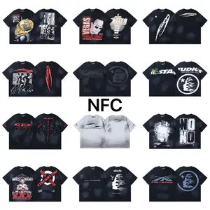 Hellstar High Street Washed Distressed Print Oversized Short Sleeve Crewneck Loose Fit Grunge Streetwear T Shirt