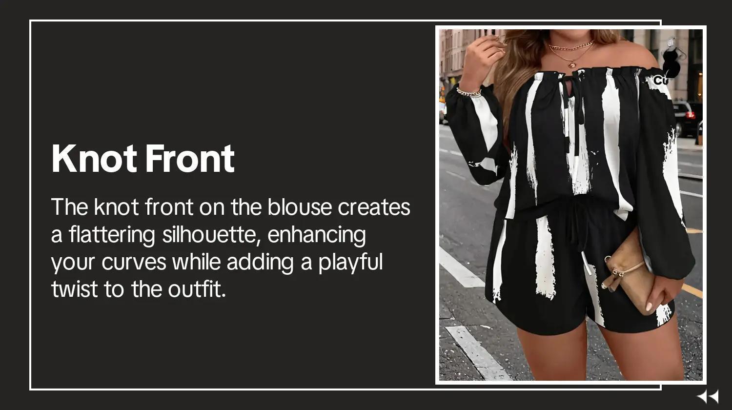 【Plus Size】Two-Piece Set All Over Print Frill Trim Cut Out Tie Front Blouse & Shorts, Off Shoulder Bishop Sleeve Top & Knot Front Shorts, Women's Outfits for Summer, Matching Sets, Womenswear, Lady