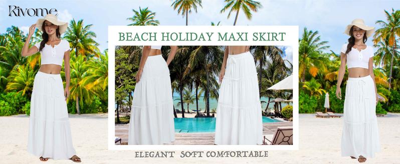 Long Skirts for Women Boho Maxi Skirt Summer Swing Tiered A-Line Elastic High Waist White Skirt Fashion Long Skirts for Women Boho Maxi Skirt Summer Swing Tiered A-Line Elastic High Waist White Skirt Fashion
