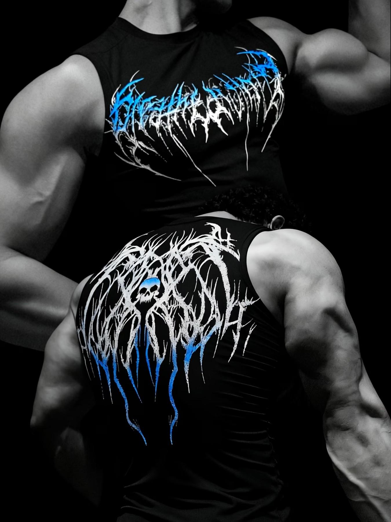 Dark Personality Print Tight Fit Sleeveless T-Shirt, Quick-Dry Elastic Gym Training Top, European Style Muscle Show Sport Vest