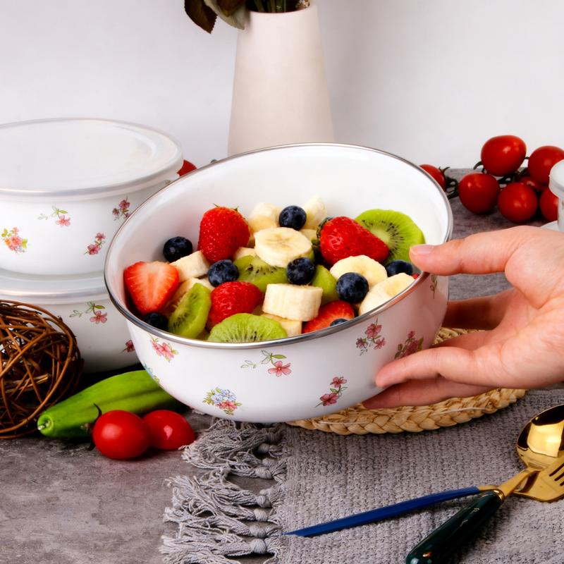 5pcs Set Blue Floral Enamel Food Storage Bowls with Lids, Multi-Functional Microwave Safe Containers for Rice Salad Noodles, Salad Serving Bowls