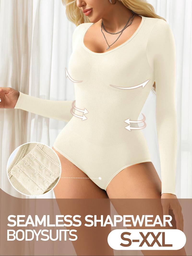 Women's Ribbed Abdomen Control Bodysuit, Long Sleeve Seamless T-Shirt, Comfortable Scoop Neck Bodysuit Stretchy Basic Tops, Fit Soft Elastic Fabric, Perfect for Daily Wear and Going Out, Shapewear for Fall&Winter