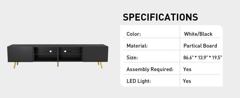 [HolidayHaul] EBELLO 86" LED TV Stand, Modern Entertainment Center up to 75" 80" 85" TV, Television Console Table with Storage Cabinets for Living Room, White