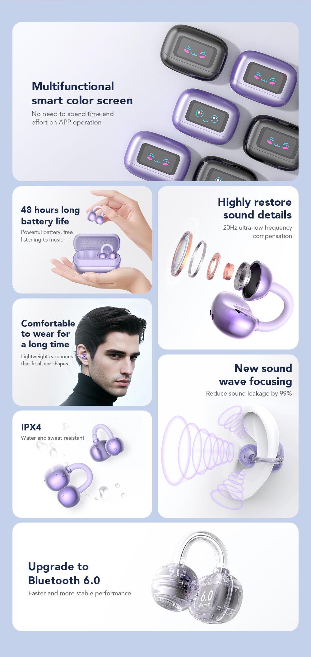 MINISO MS199 Translation Clip On Ear Headphones Full Color Touch Screen, Audio Wireless Headphones Support 135 Languages Real Time Bluetooth Translation Built-in Microphone for Music & Phone Calls,Sport Waterproof & Sweatproof